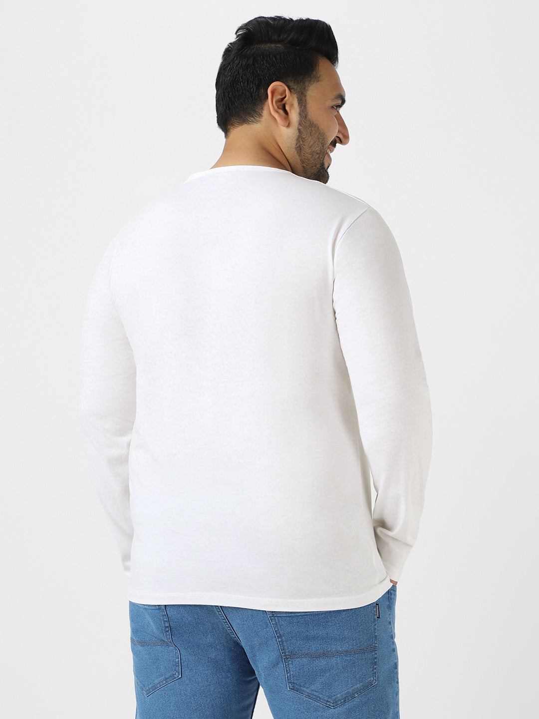 Plus Men's White Solid Henley Neck Regular Fit Full Sleeve Cotton T-Shirt