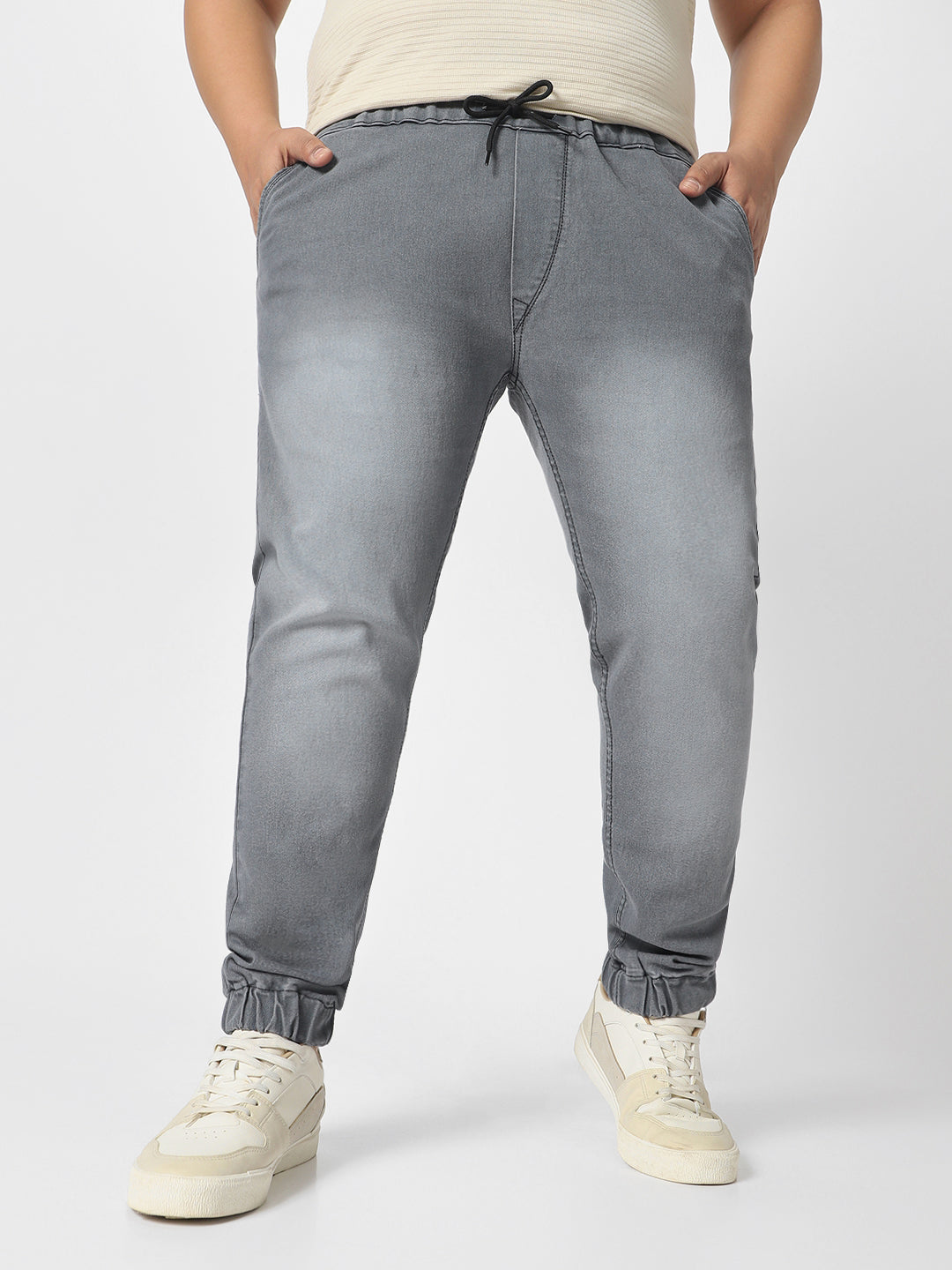 Plus Men's Grey Regular Fit Jogger Jeans Stretch