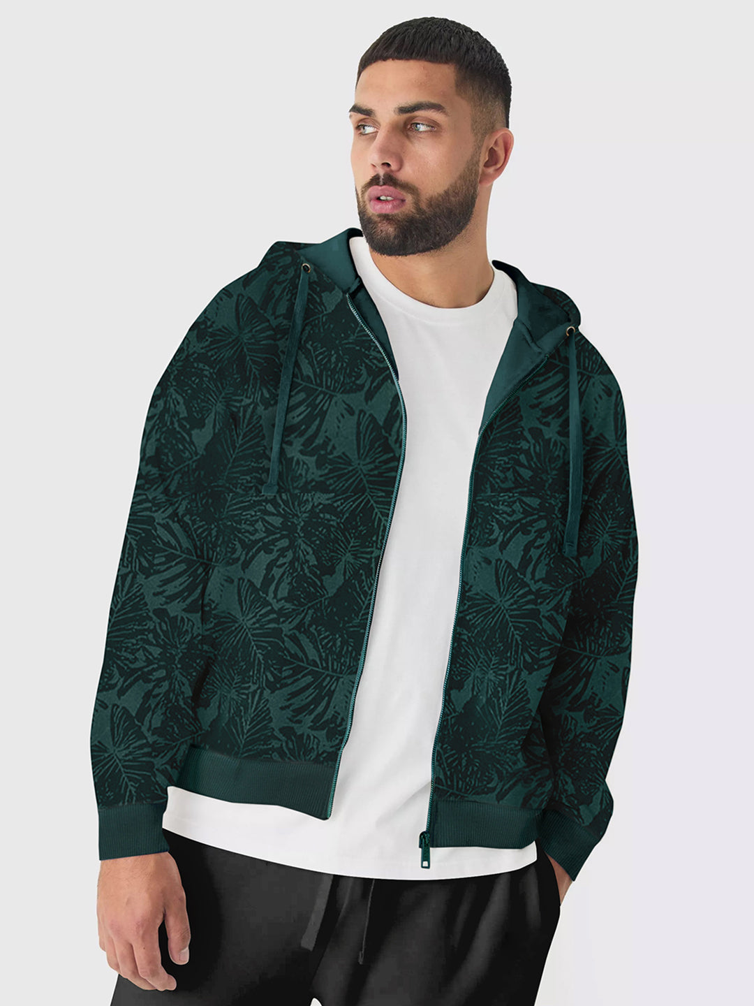 Plus Men's Dark Green Regular Fit Printed Full Sleeve Casual Winterwear Hooded Sweatshirt