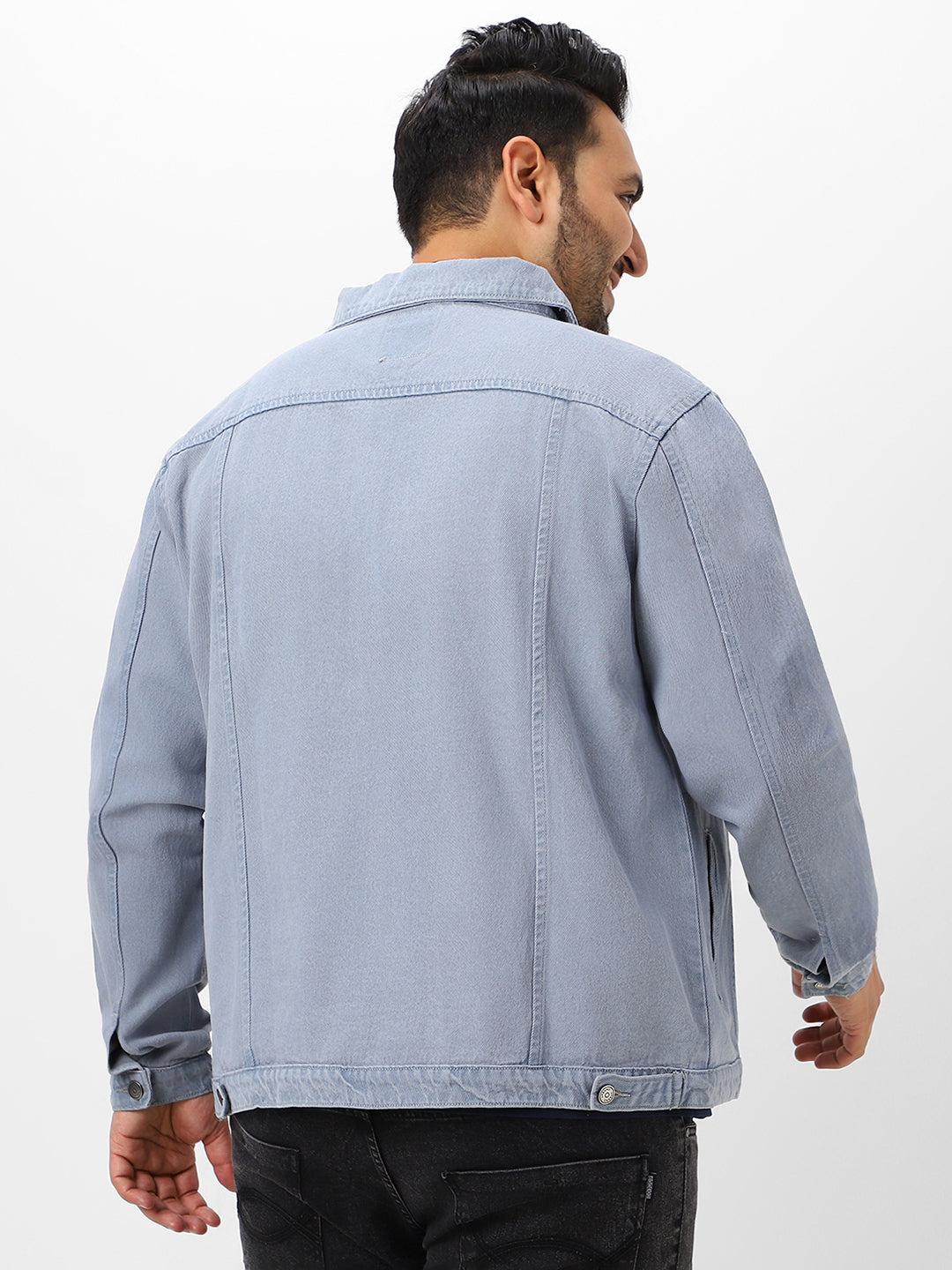 Plus Men's Light Grey Regular Fit Washed Full Sleeve Denim Jacket