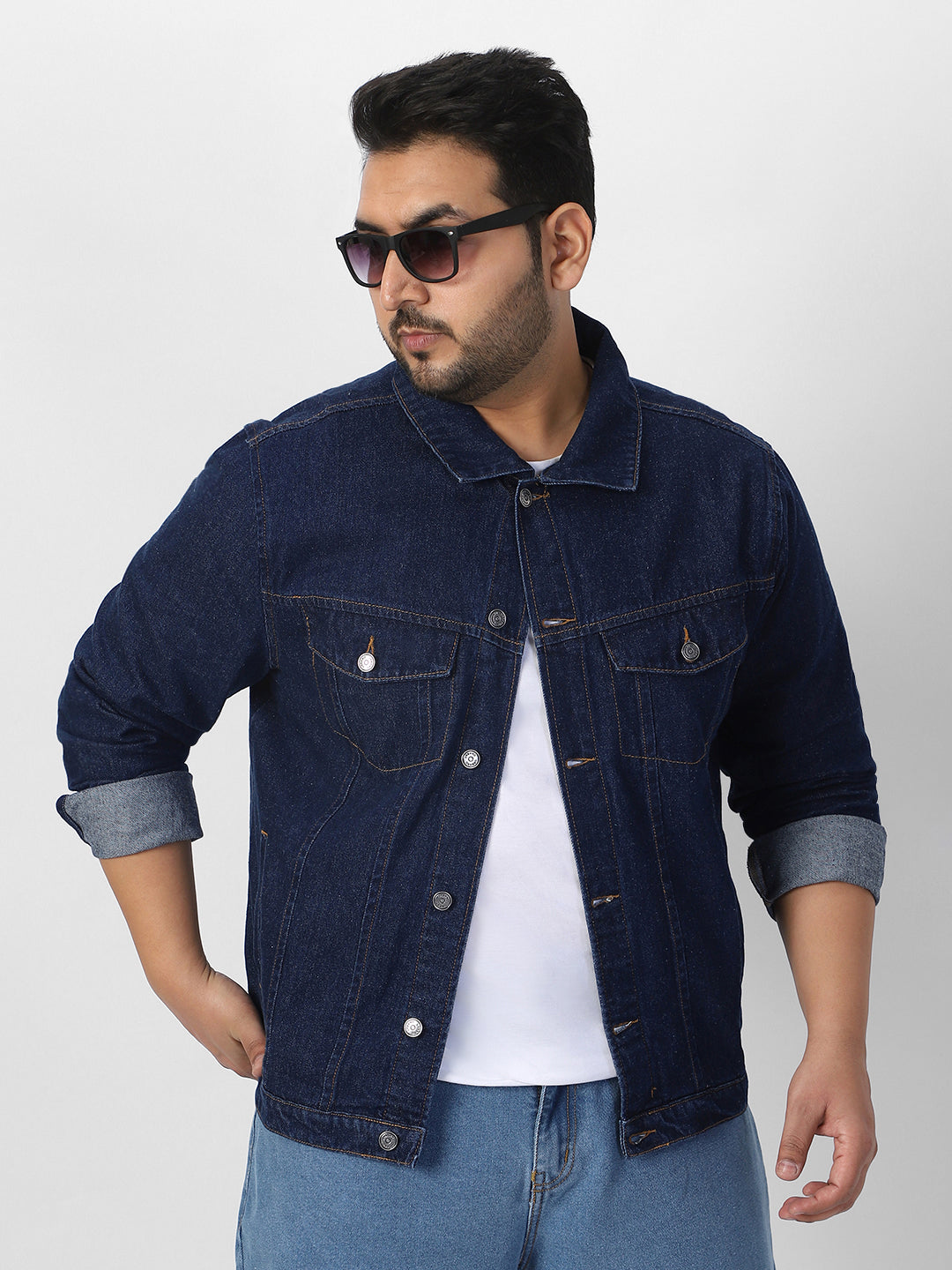 Plus Men's Blue Regular Fit Washed Full Sleeve Denim Jacket