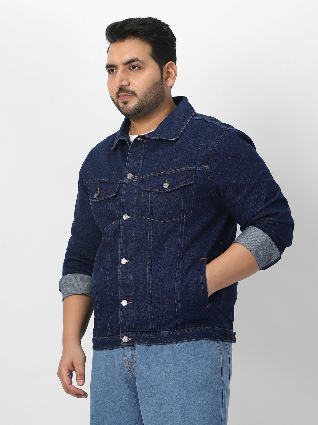 Plus Men's Blue Regular Fit Washed Full Sleeve Denim Jacket