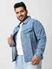 Plus Men's Light Blue Regular Fit Washed Full Sleeve Denim Jacket