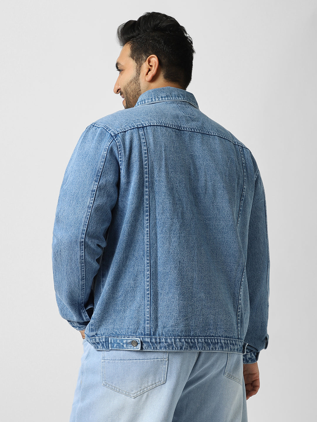 Plus Men's Light Blue Regular Fit Washed Full Sleeve Denim Jacket