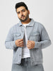 Plus Men's Light Grey Regular Fit Washed Full Sleeve Denim Jacket