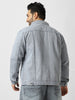 Plus Men's Light Grey Regular Fit Washed Full Sleeve Denim Jacket