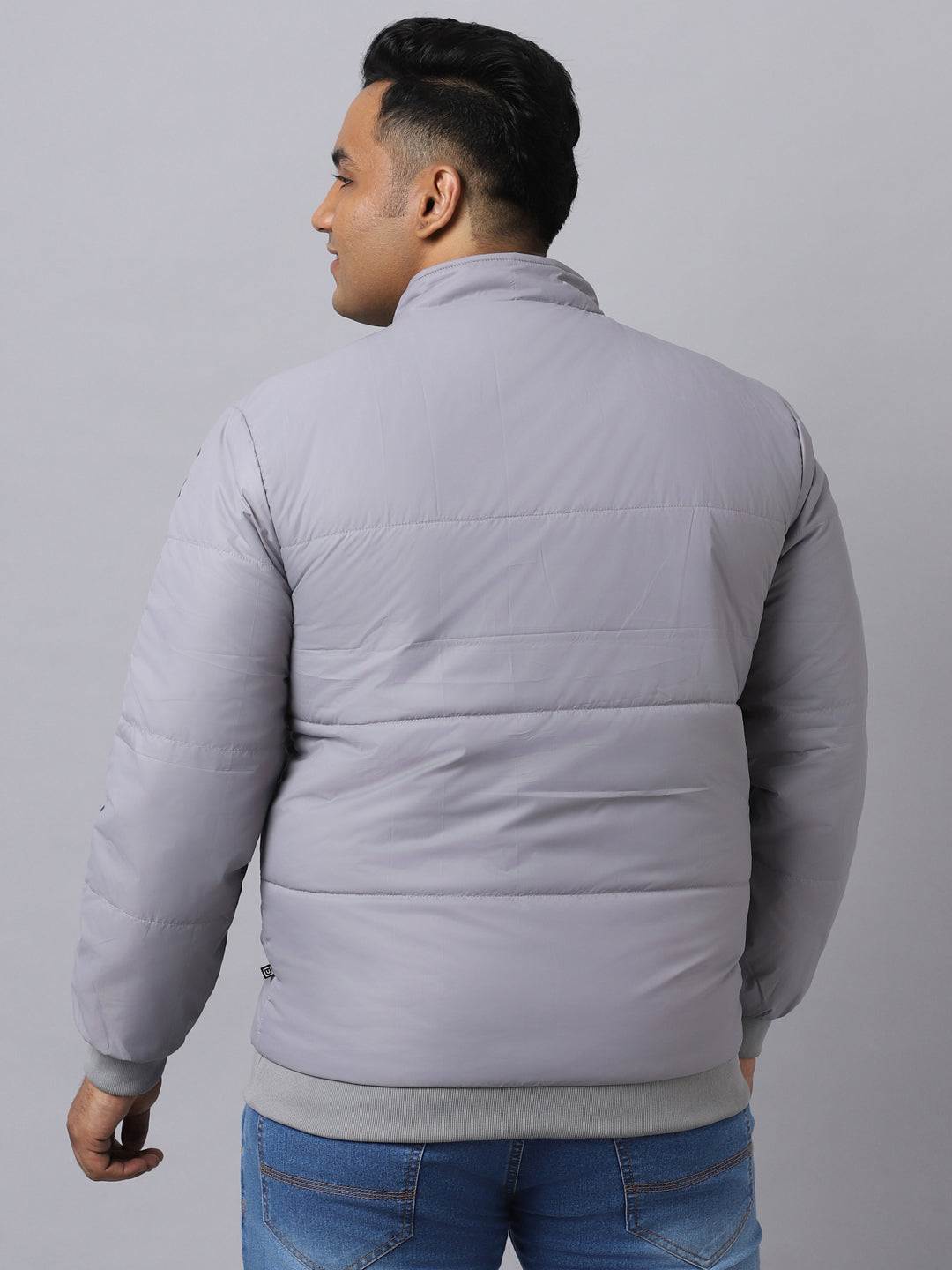 Plus Men's Grey Full Sleeve Zippered Puffer Jacket