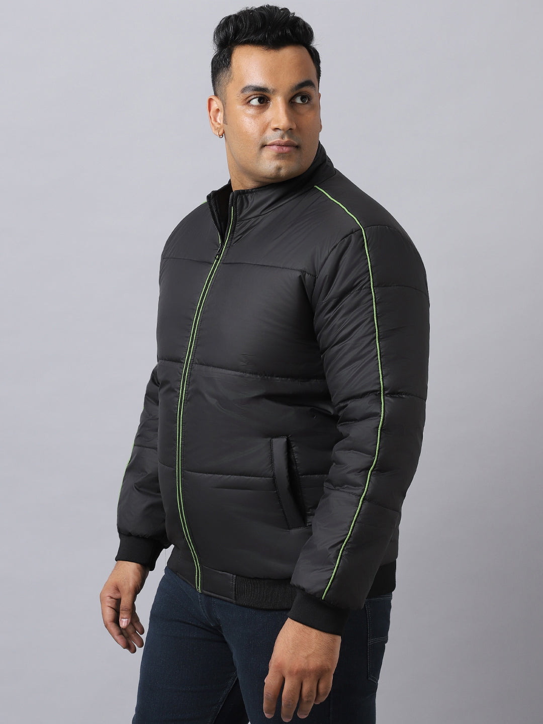 Plus Men's Black Full Sleeve Zippered Puffer Jacket