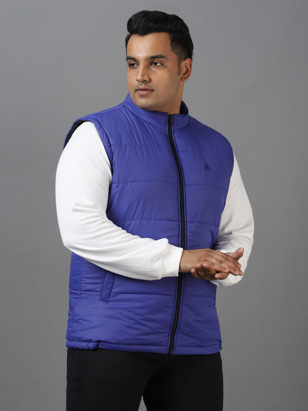 Plus Men's Blue Sleeveless Zippered Puffer Jacket