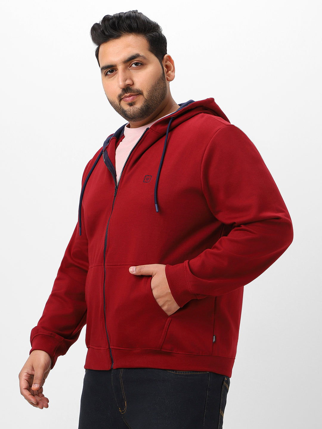 Plus Men's Maroon Solid Cotton Zippered Hooded Casual Winterwear Sweatshirt