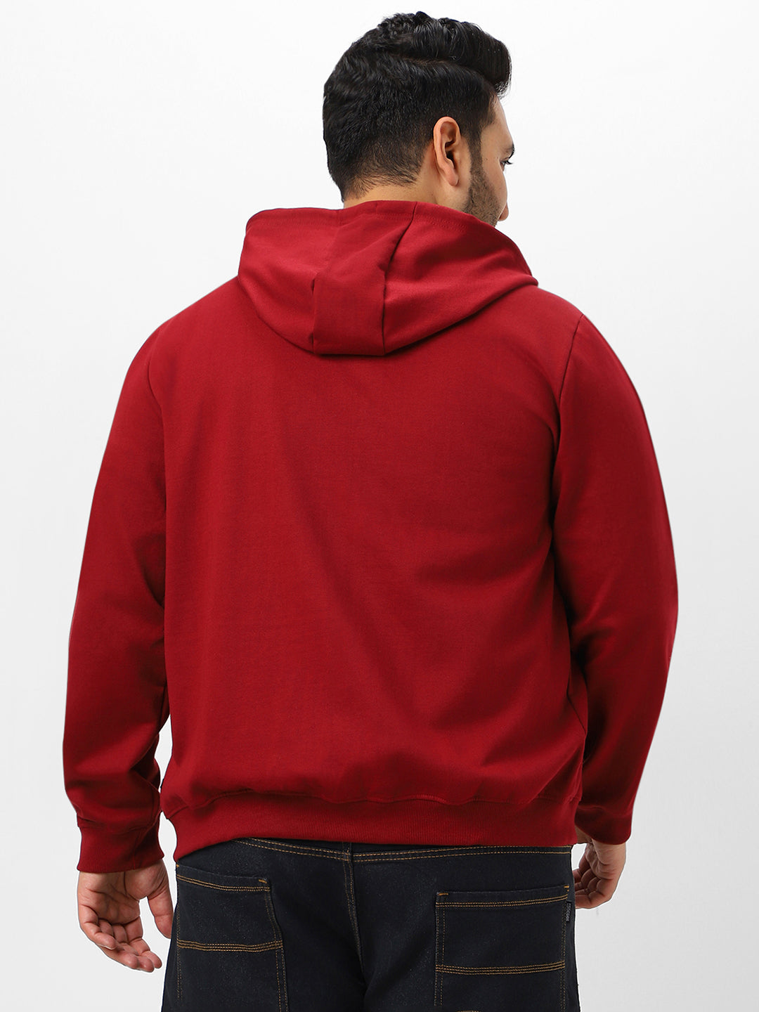 Plus Men's Maroon Solid Cotton Zippered Hooded Casual Winterwear Sweatshirt