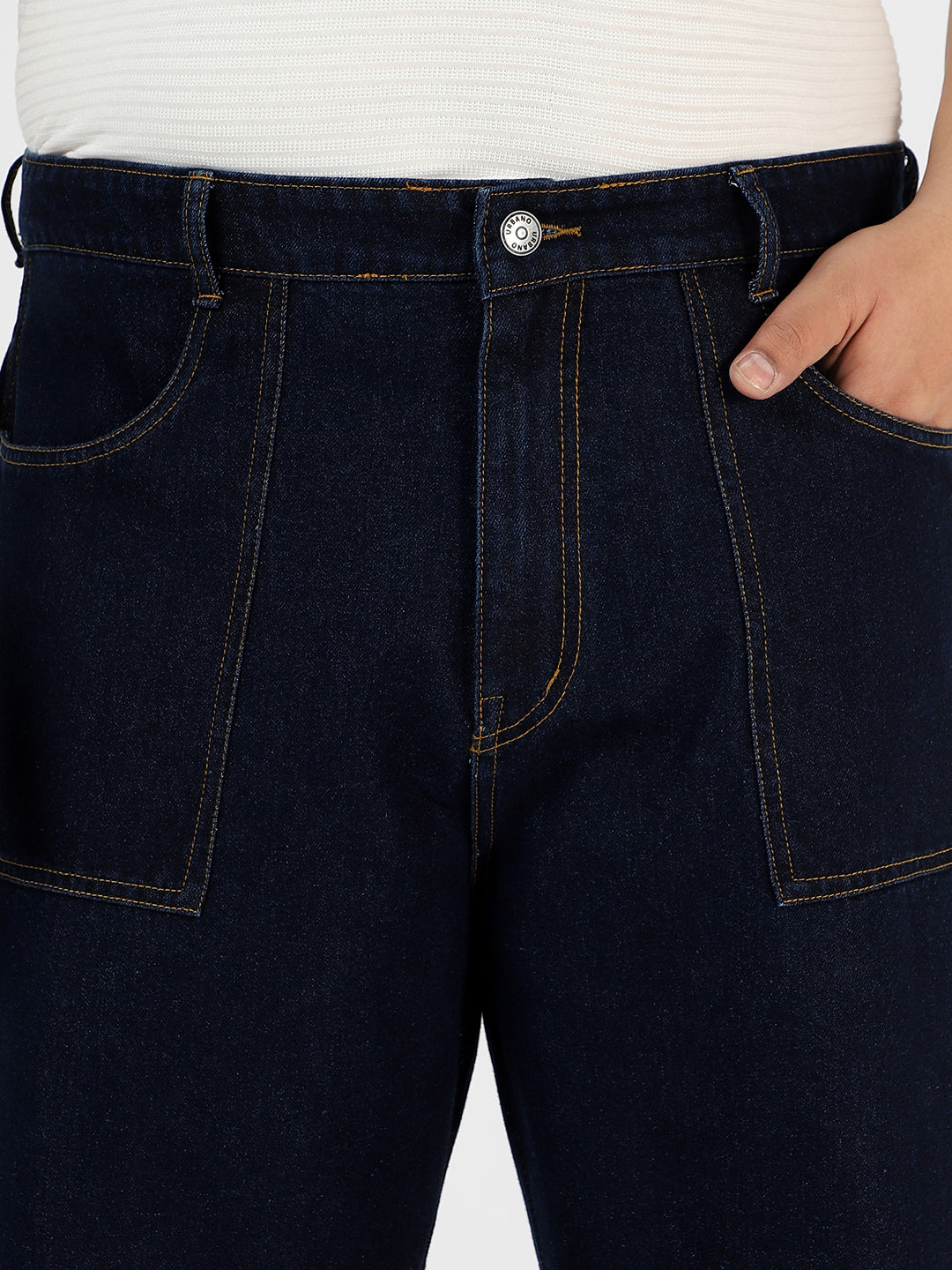 Plus Men's Dark Blue Loose Baggy Fit Washed Cargo Jeans With 6 Pockets Non-Stretchable