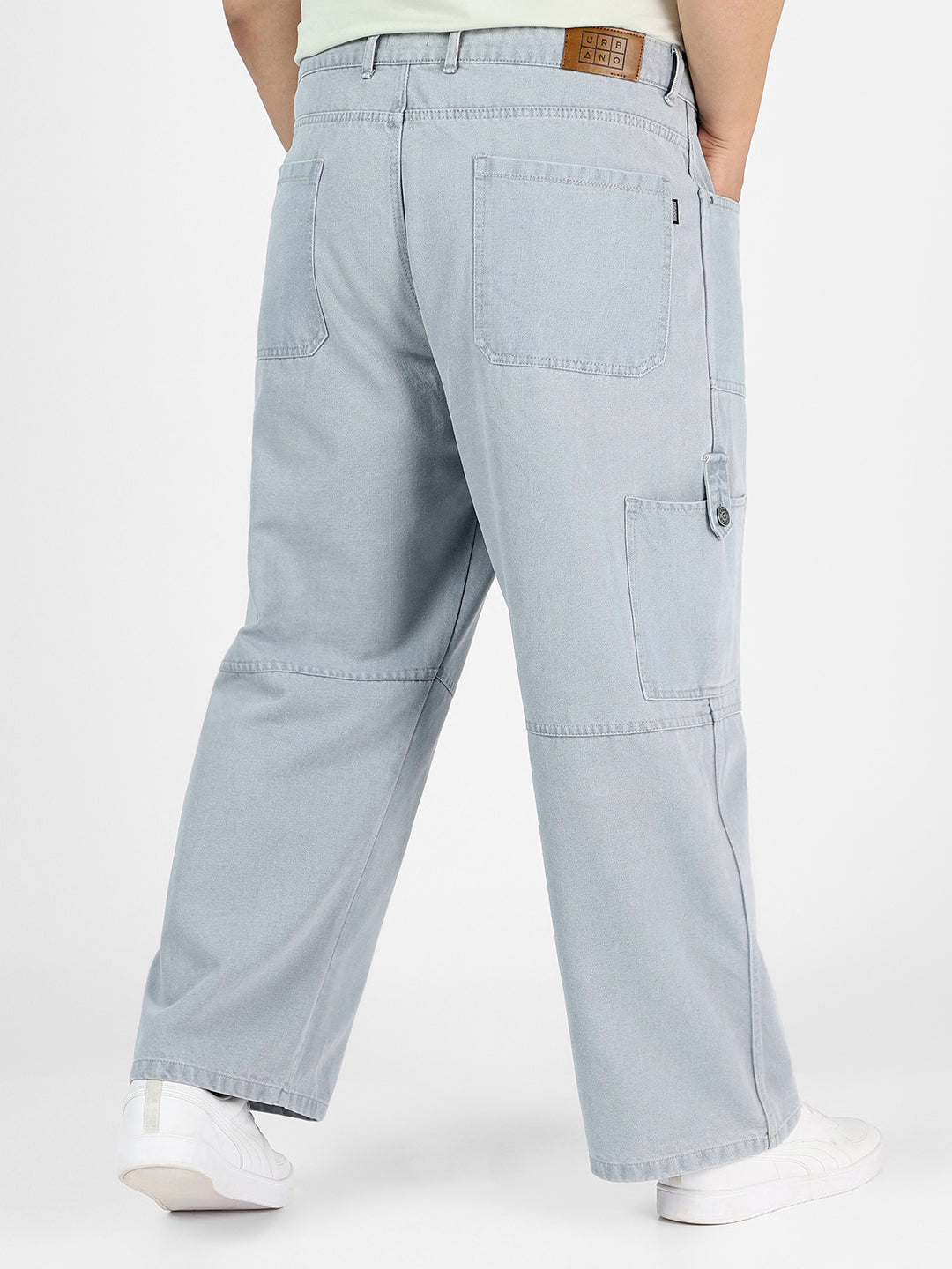 Plus Men's Ice Grey Loose Baggy Fit Washed Cargo Jeans with 6 Pockets Non-Stretchable