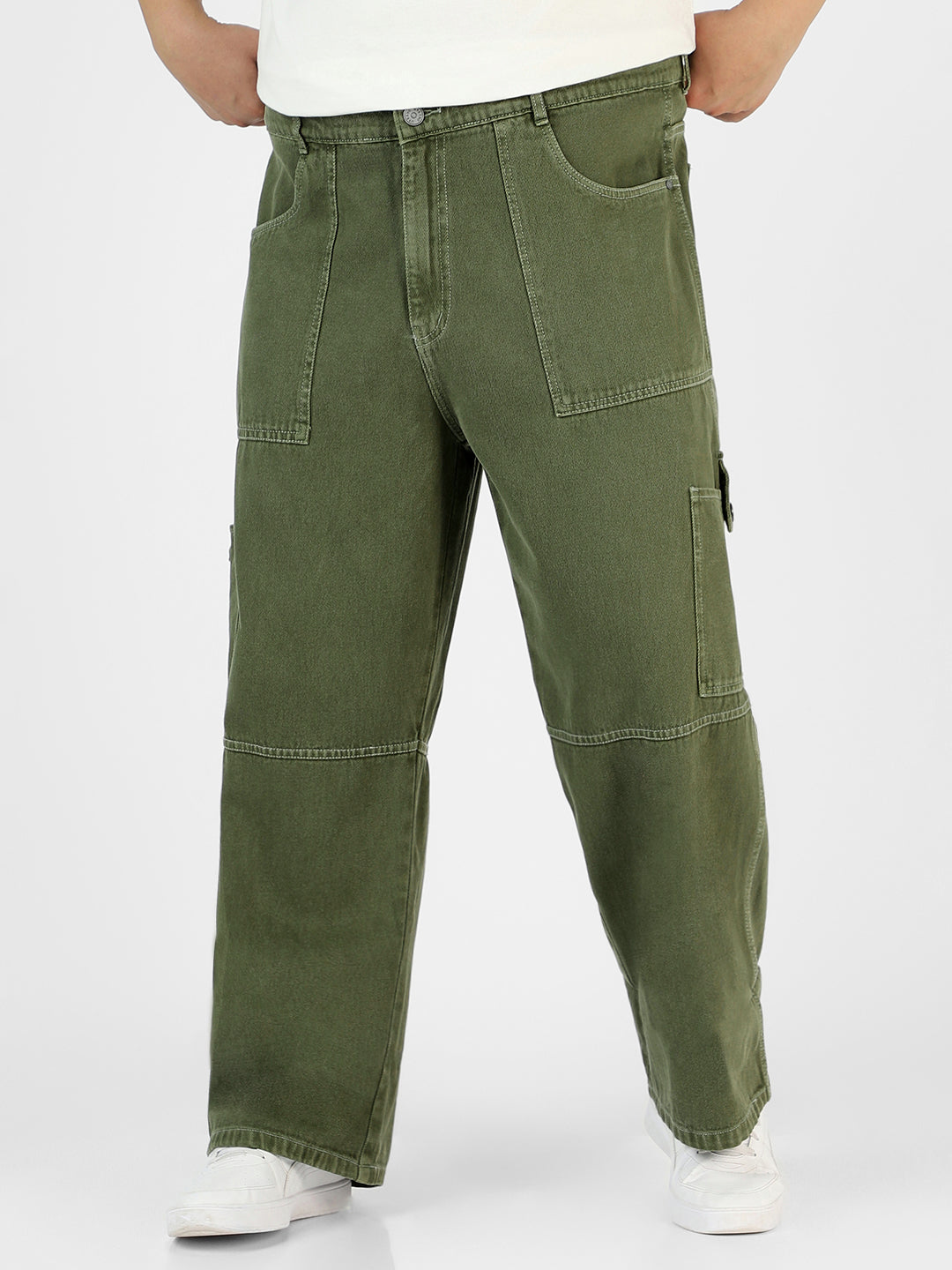 Plus Men's Olive Green Loose Baggy Fit Washed Cargo Jeans with 6 Pockets Non-Stretchable