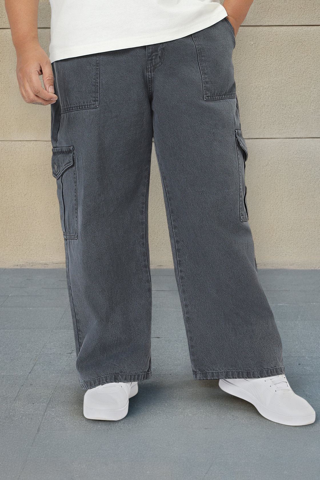 Plus Men's Grey Loose Fit Cargo Jeans with 6 Pockets Non-Stretchable