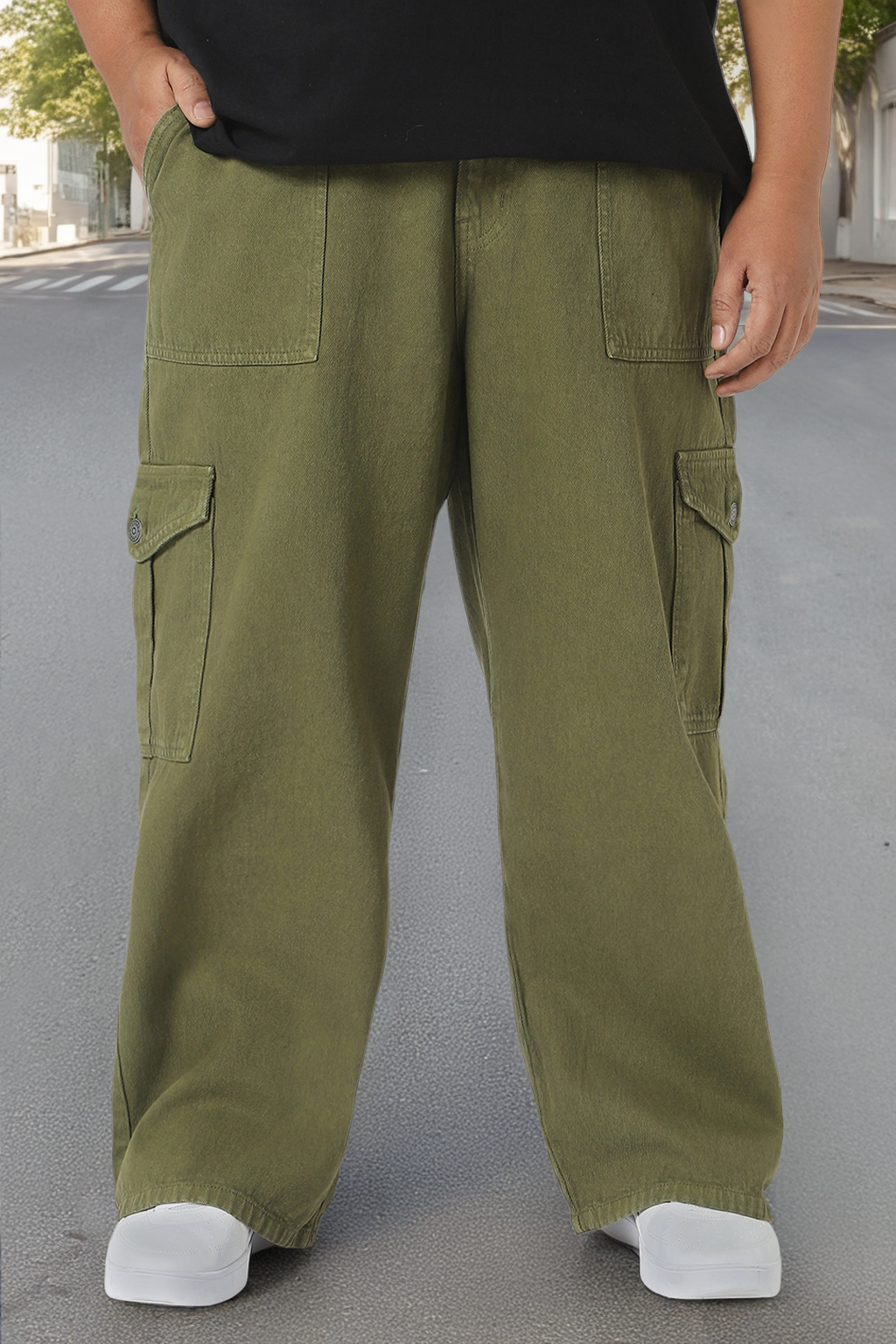 Plus Men's Olive Green Loose Fit Cargo Jeans with 6 Pockets Non-Stretchable