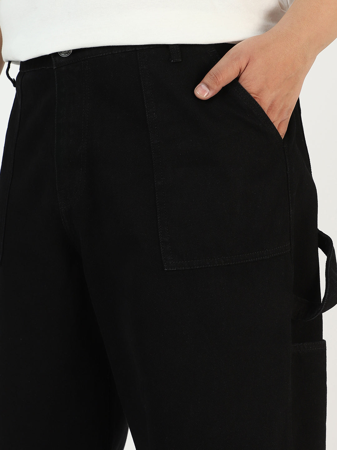 Plus Men's Black Loose Baggy  Fit Carpenter Cargo Jeans With 6 Pockets Non-Stretchable