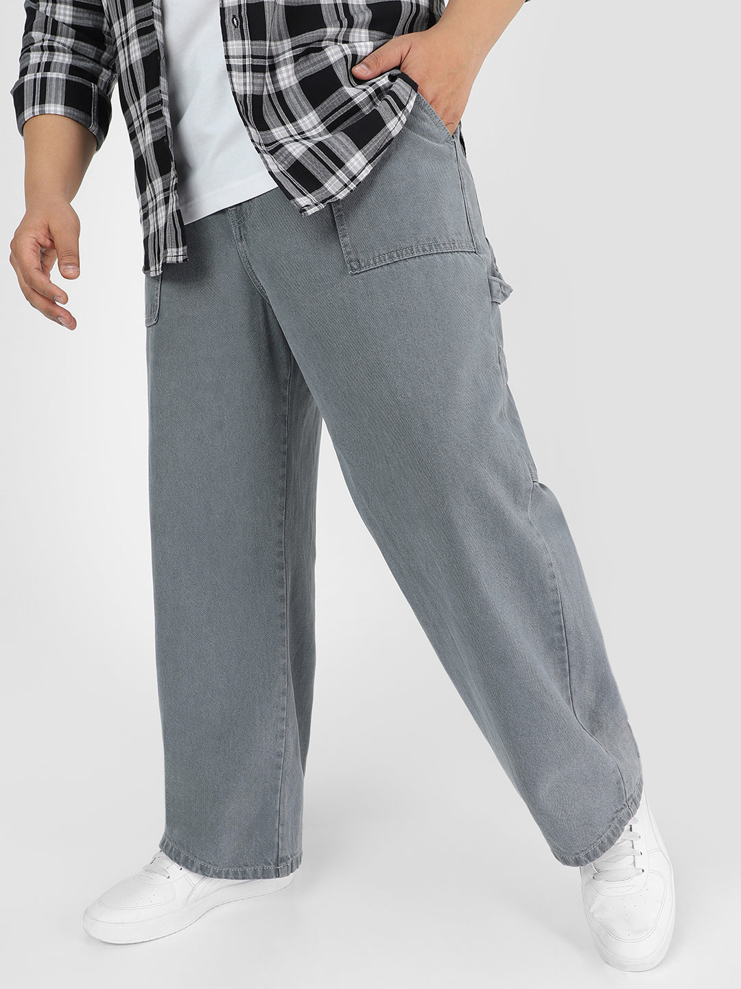Plus Men's Light Grey Loose Baggy  Fit Carpenter Cargo Jeans With 6 Pockets Non-Stretchable