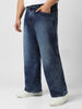 Plus Men's Dark Blue Loose Baggy Fit Washed Jeans Non-Stretchable