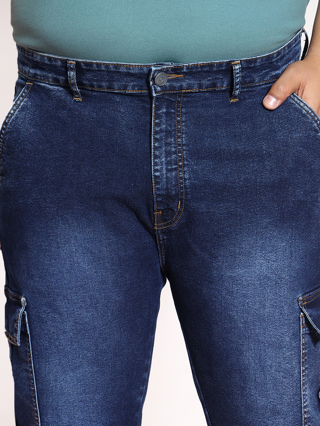 Plus Men's Dark Blue Regular Fit Washed Cargo Jeans With 6 Pockets Stretchable