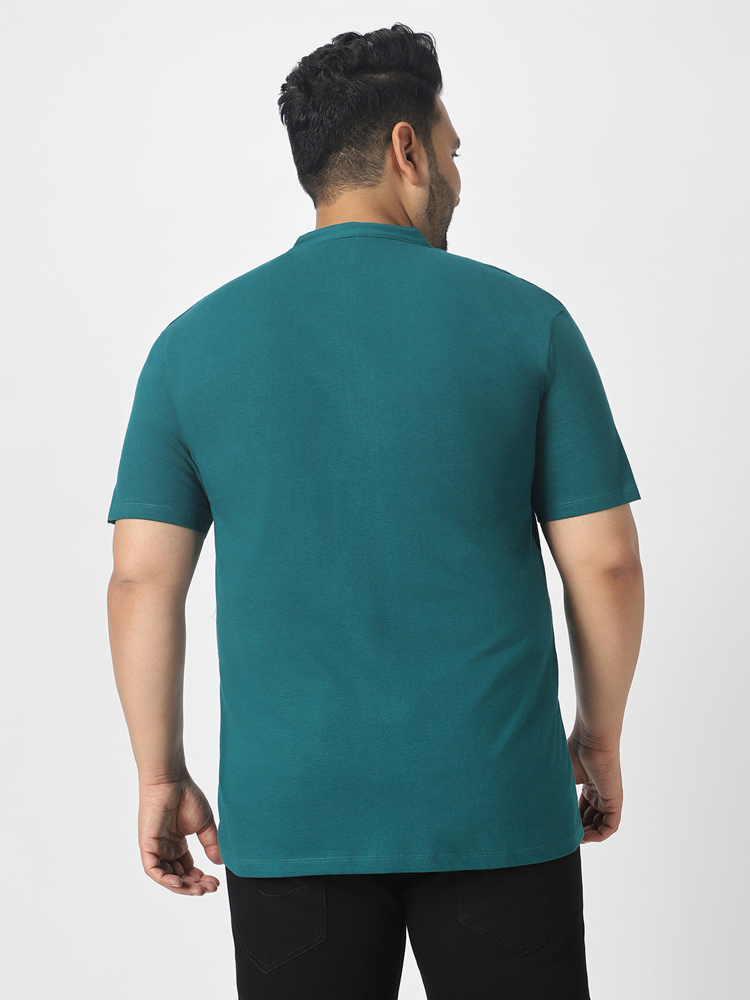 Plus Men's Dark Green Solid Mandarin Collar Regular Fit Cotton T-Shirt