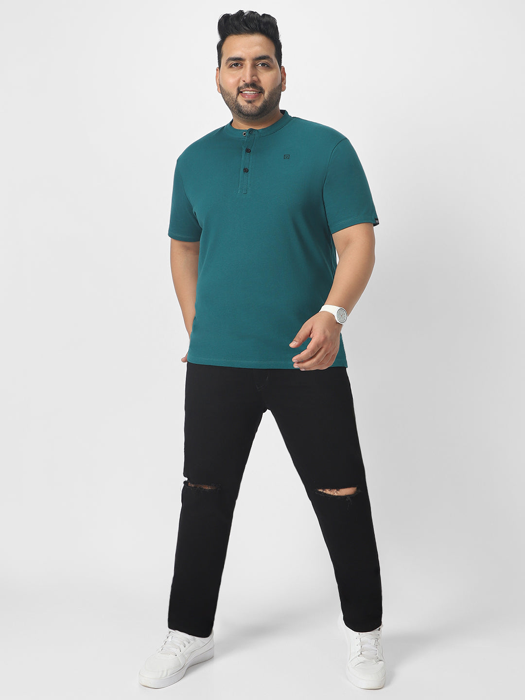 Plus Men's Dark Green Solid Mandarin Collar Regular Fit Cotton T-Shirt