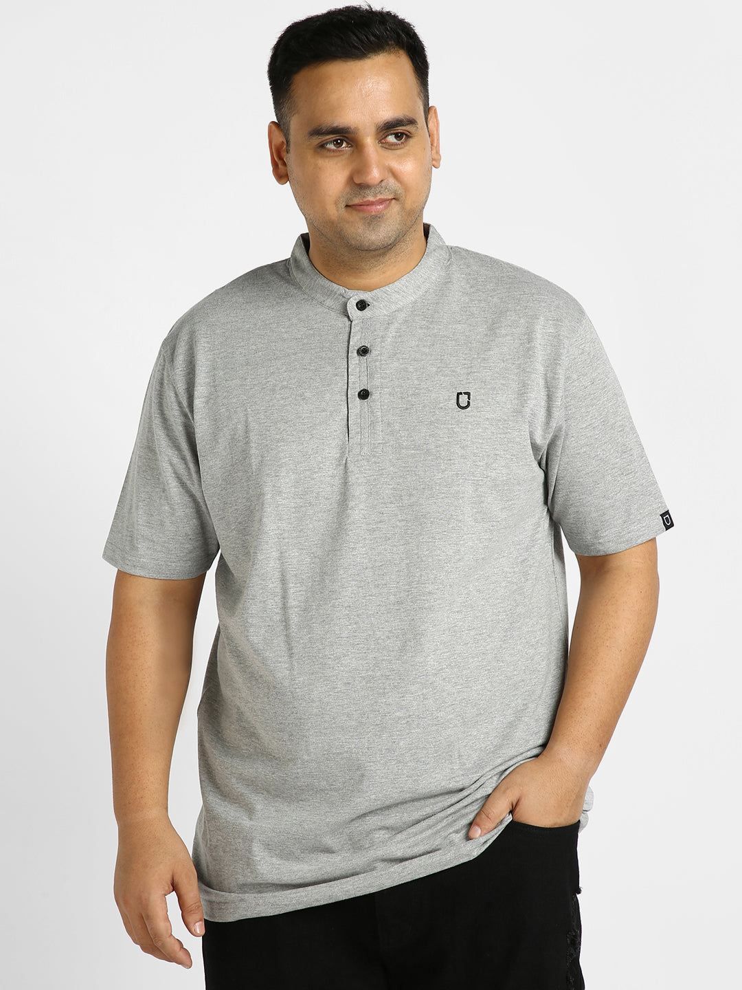 Plus Men's Grey Melange Solid Mandarin Collar Regular Fit Half Sleeve Cotton T-Shirt