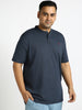 Plus Men's Navy Melange Solid Mandarin Collar Regular Fit Half Sleeve Cotton T-Shirt