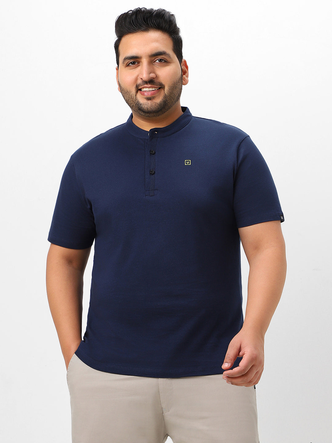 Plus Men's Navy Blue Solid Mandarin Collar Regular Fit Cotton T-Shirt