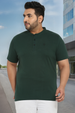 Plus Men's Bottle Green Solid Mandarin Collar Regular Fit Half Sleeve Cotton T-Shirt