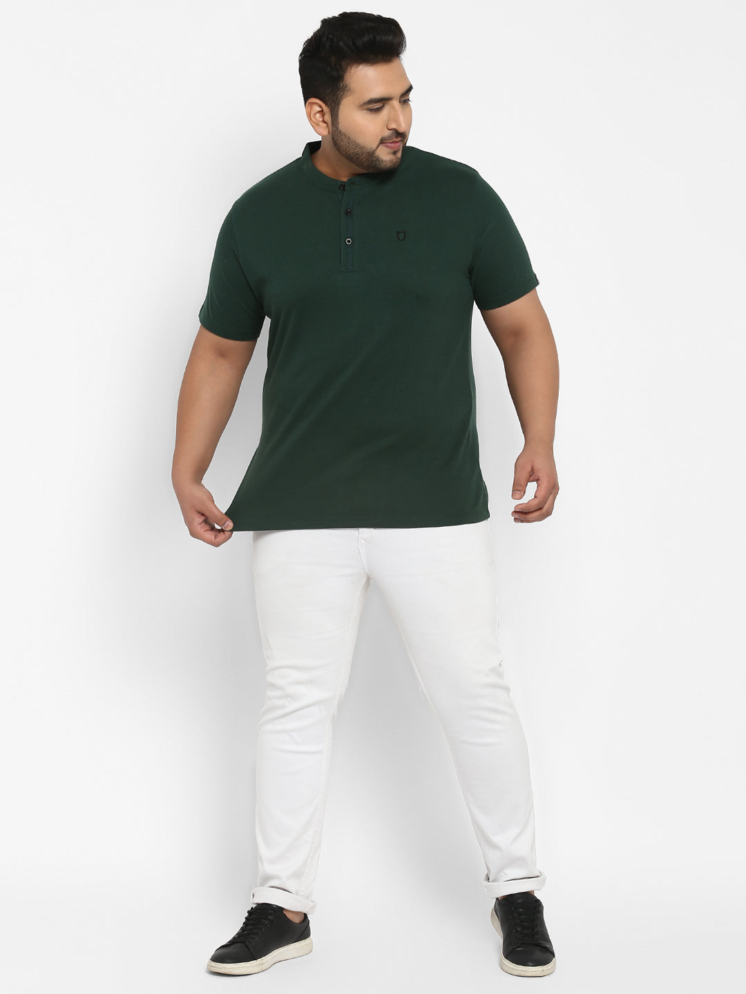 Plus Men's Bottle Green Solid Mandarin Collar Regular Fit Half Sleeve Cotton T-Shirt