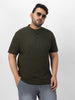 Plus Men's Dark Olive Green Solid Mandarin Collar Regular Fit Half Sleeve Cotton T-Shirt