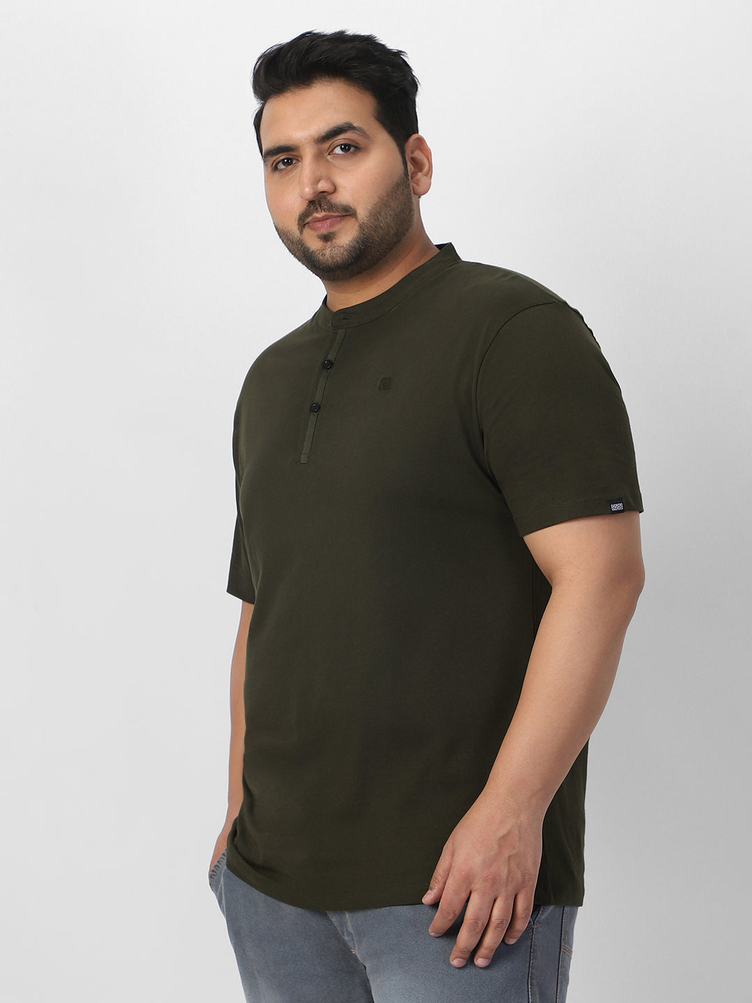 Plus Men's Dark Olive Green Solid Mandarin Collar Regular Fit Half Sleeve Cotton T-Shirt