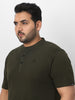 Plus Men's Dark Olive Green Solid Mandarin Collar Regular Fit Half Sleeve Cotton T-Shirt