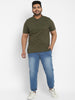 Plus Men's Dark Olive Green Solid Mandarin Collar Regular Fit Half Sleeve Cotton T-Shirt