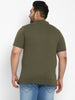 Plus Men's Dark Olive Green Solid Mandarin Collar Regular Fit Half Sleeve Cotton T-Shirt