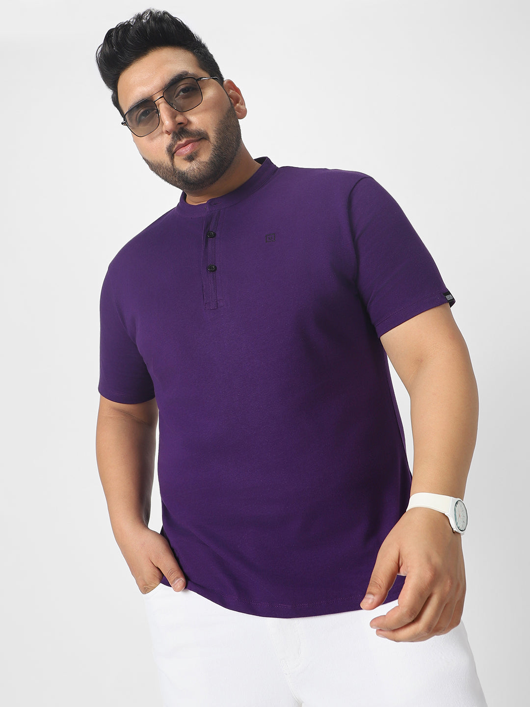 Plus Men's Purple Solid Mandarin Collar Regular Fit Cotton T-Shirt