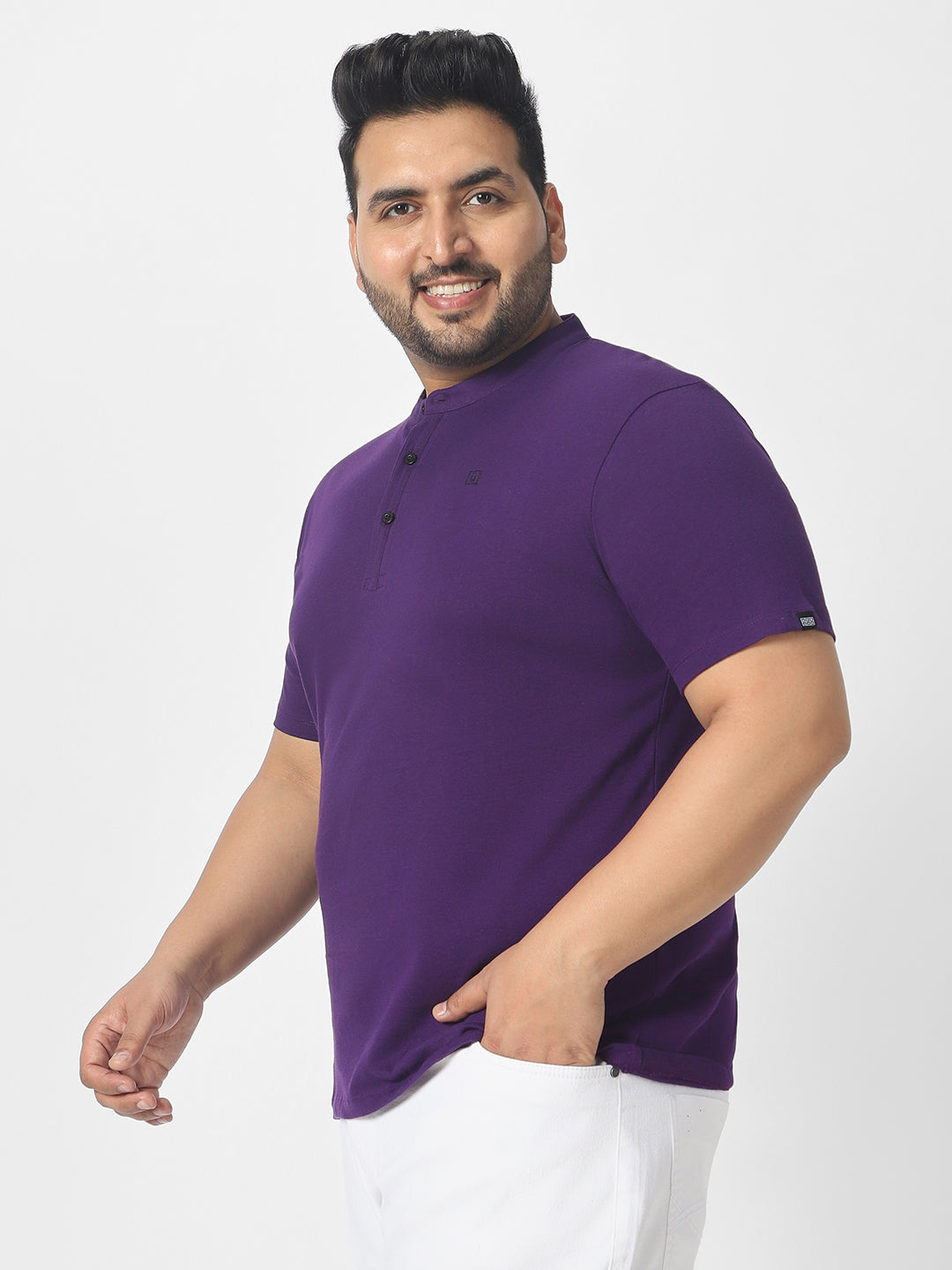 Plus Men's Purple Solid Mandarin Collar Regular Fit Cotton T-Shirt