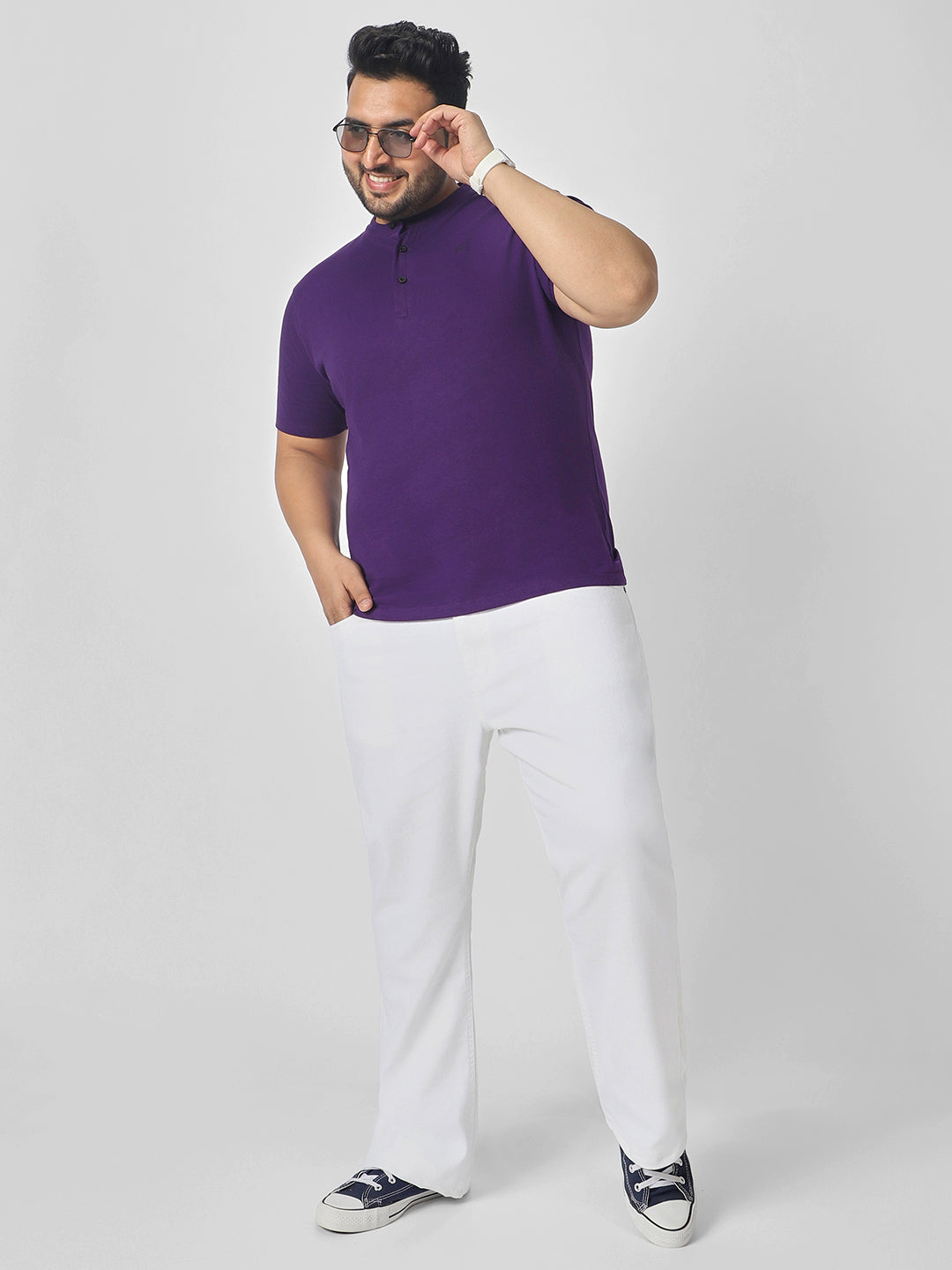 Plus Men's Purple Solid Mandarin Collar Regular Fit Cotton T-Shirt