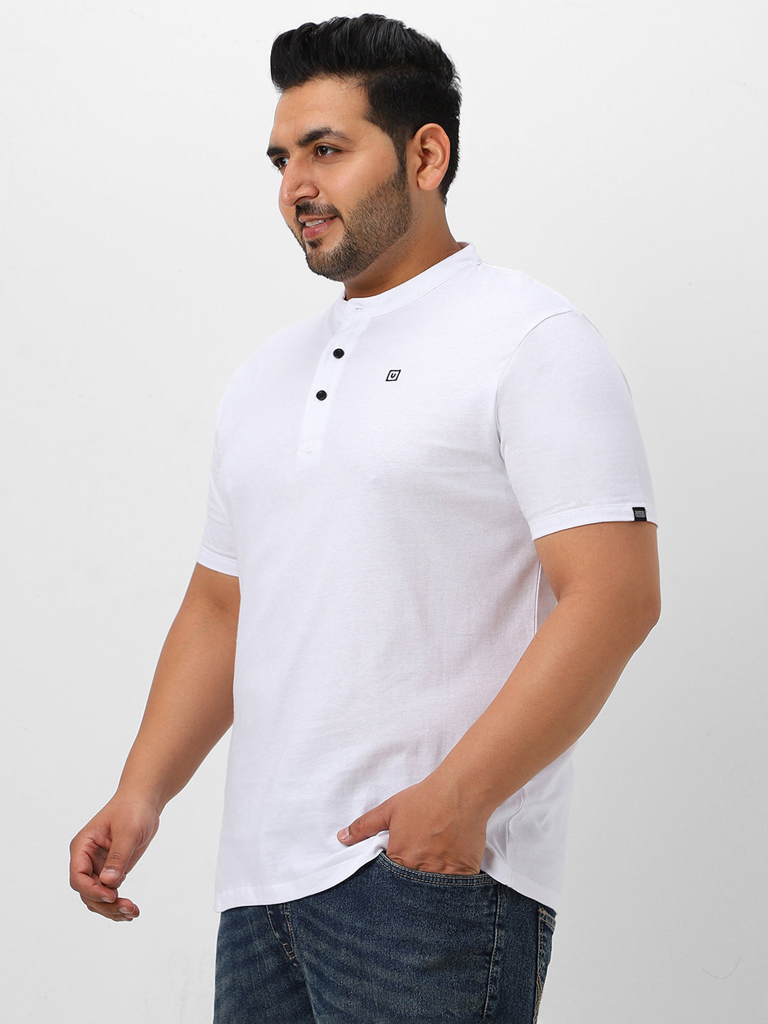 Plus Men's White Solid Mandarin Collar Regular Fit Cotton T-Shirt