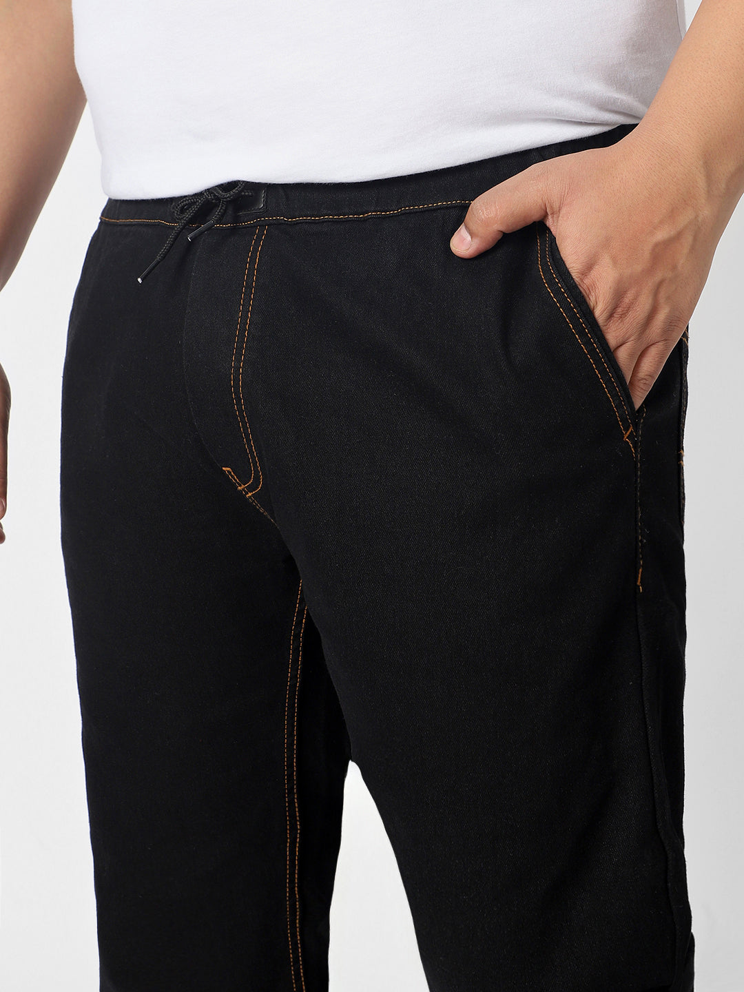 Plus Men's Jet Black Regular Fit Washed Jogger Jeans Stretchable