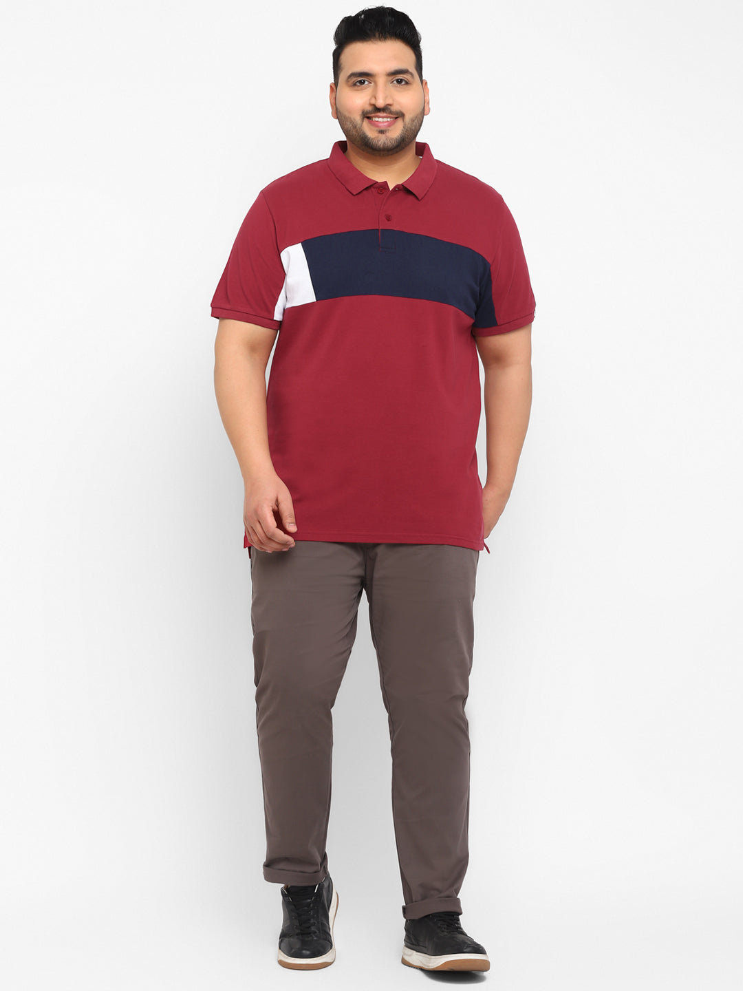 Plus Men's Maroon, Yellow, White Colour-Block Regular Fit Half Sleeve Cotton Polo T-Shirt