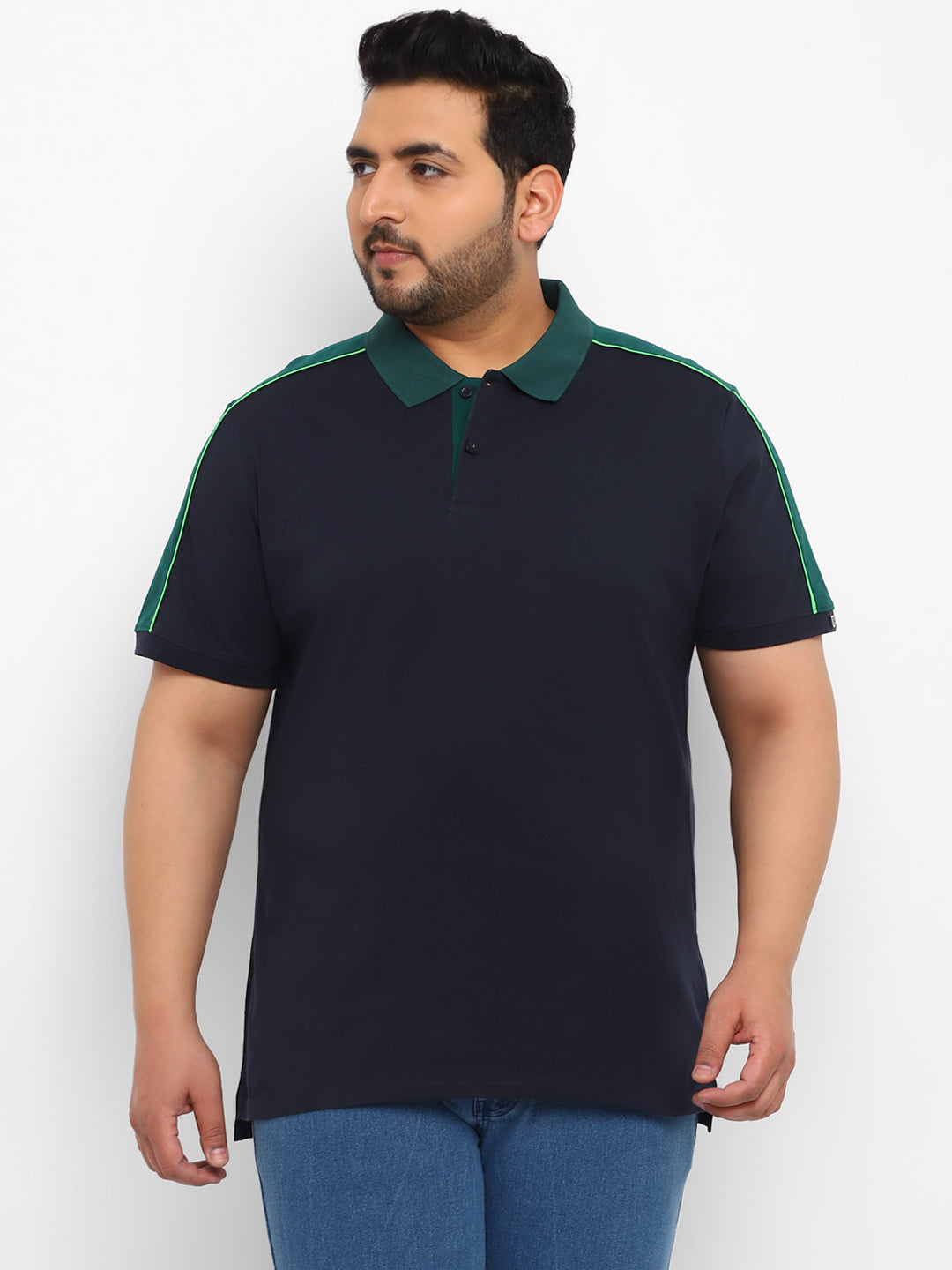 Plus Men's Navy Blue, Green Colour-Block Regular Fit Half Sleeve Cotton Polo T-Shirt