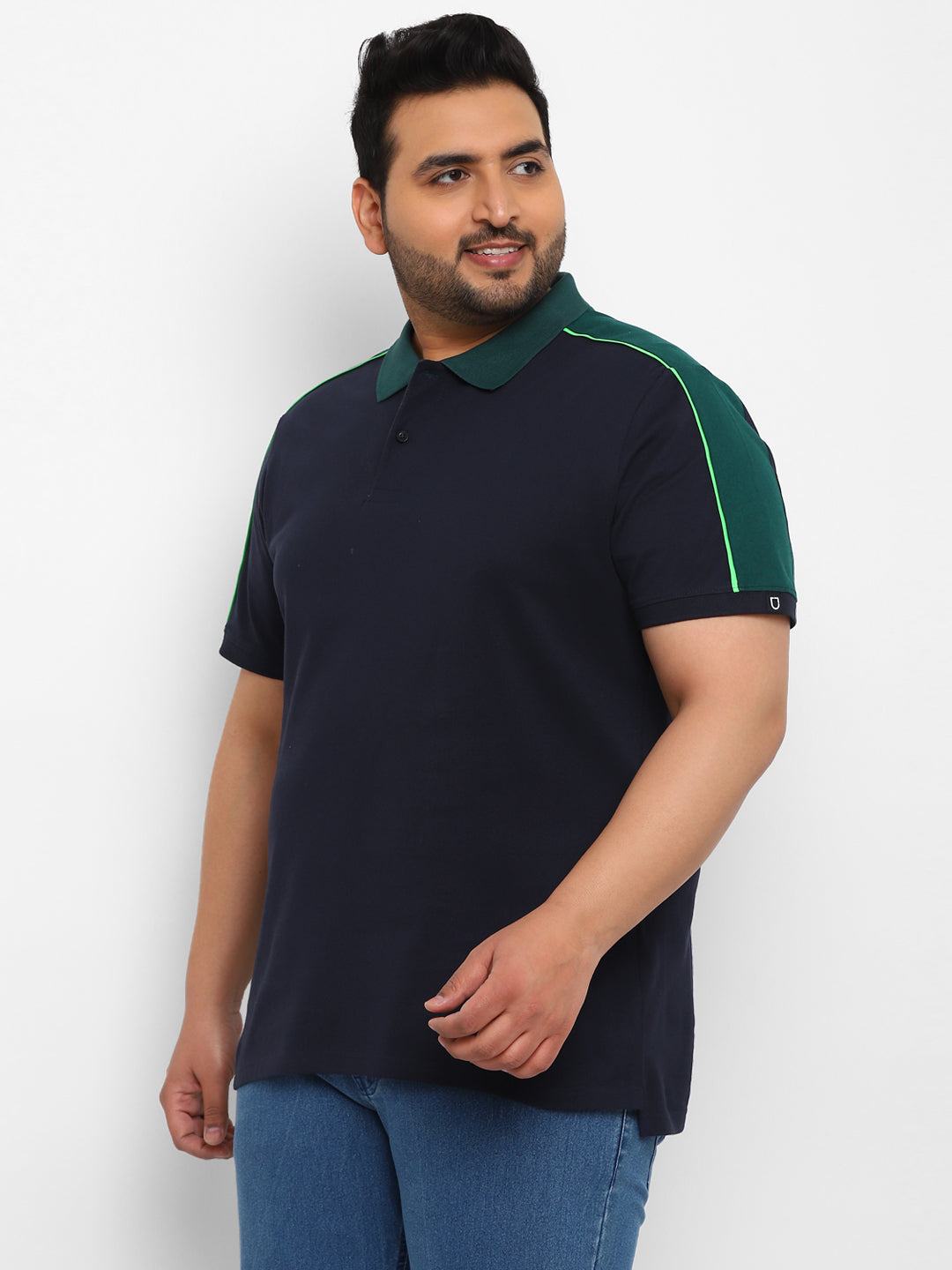 Plus Men's Navy Blue, Green Colour-Block Regular Fit Half Sleeve Cotton Polo T-Shirt