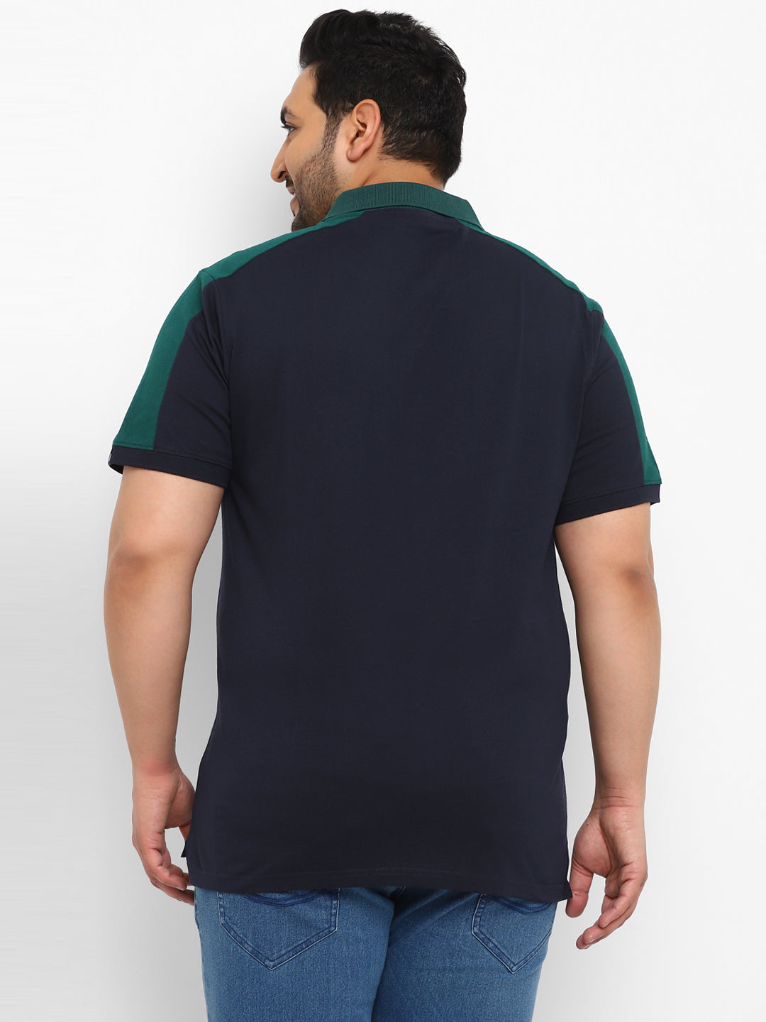 Plus Men's Navy Blue, Green Colour-Block Regular Fit Half Sleeve Cotton Polo T-Shirt