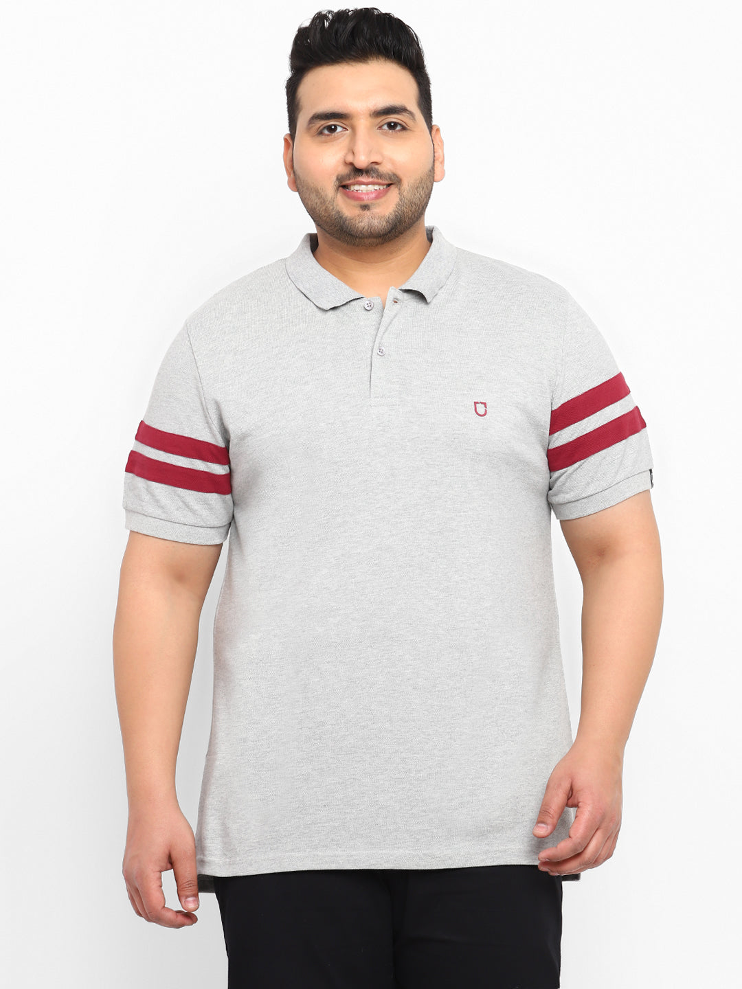 Plus Men's Grey Melange, Maroon Colour-Block Regular Fit Half Sleeve Cotton Polo T-Shirt