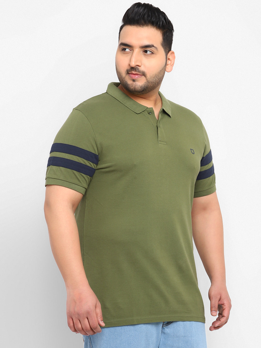 Plus Men's Oive, Navy Blue Colour-Block Regular Fit Half Sleeve Cotton Polo T-Shirt