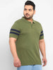 Plus Men's Oive, Navy Blue Colour-Block Regular Fit Half Sleeve Cotton Polo T-Shirt