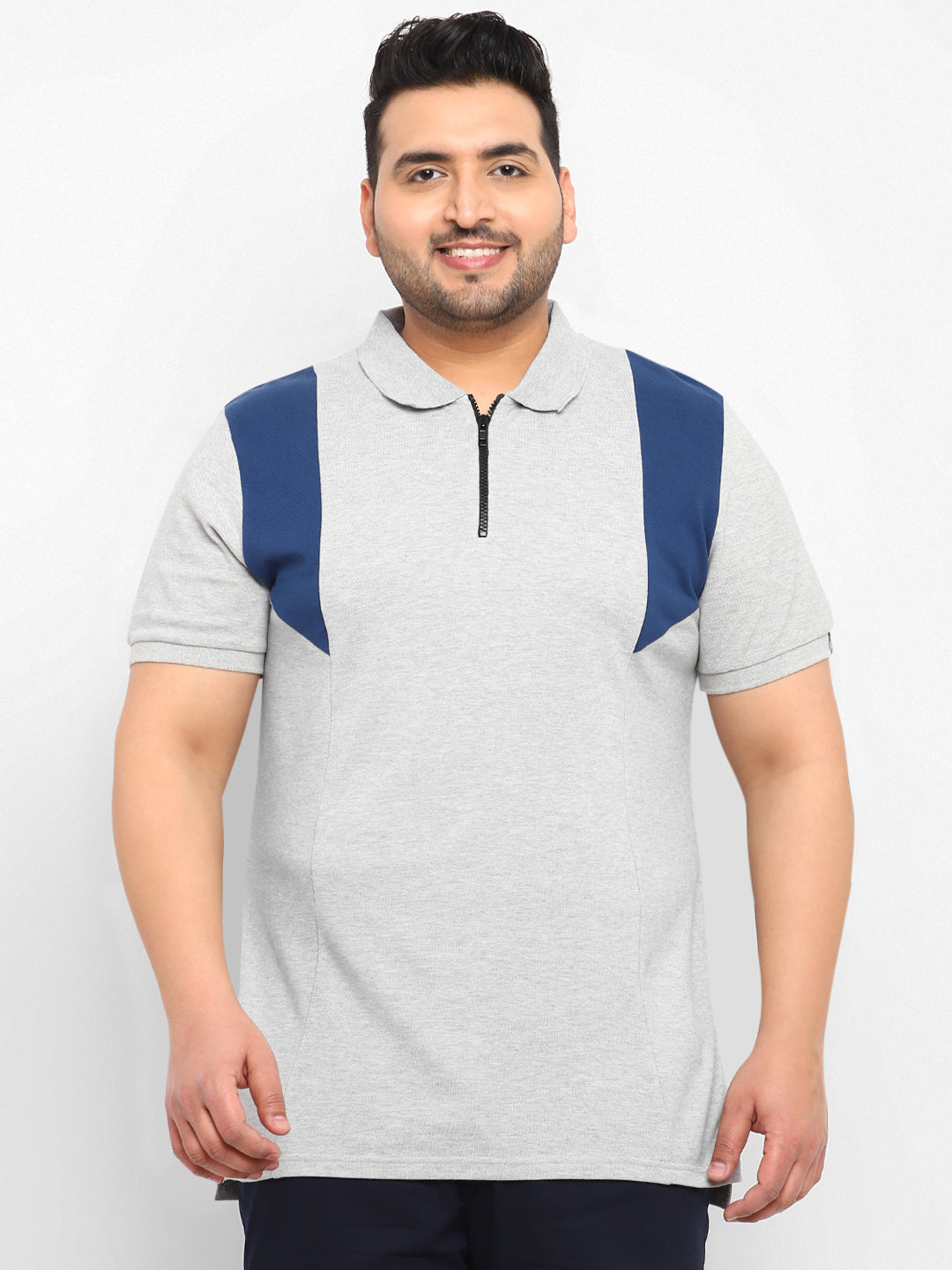 Plus Men's White, Grey Melange, Dark Blue Colour-Block Regular Fit Half Sleeve Cotton Polo T-Shirt