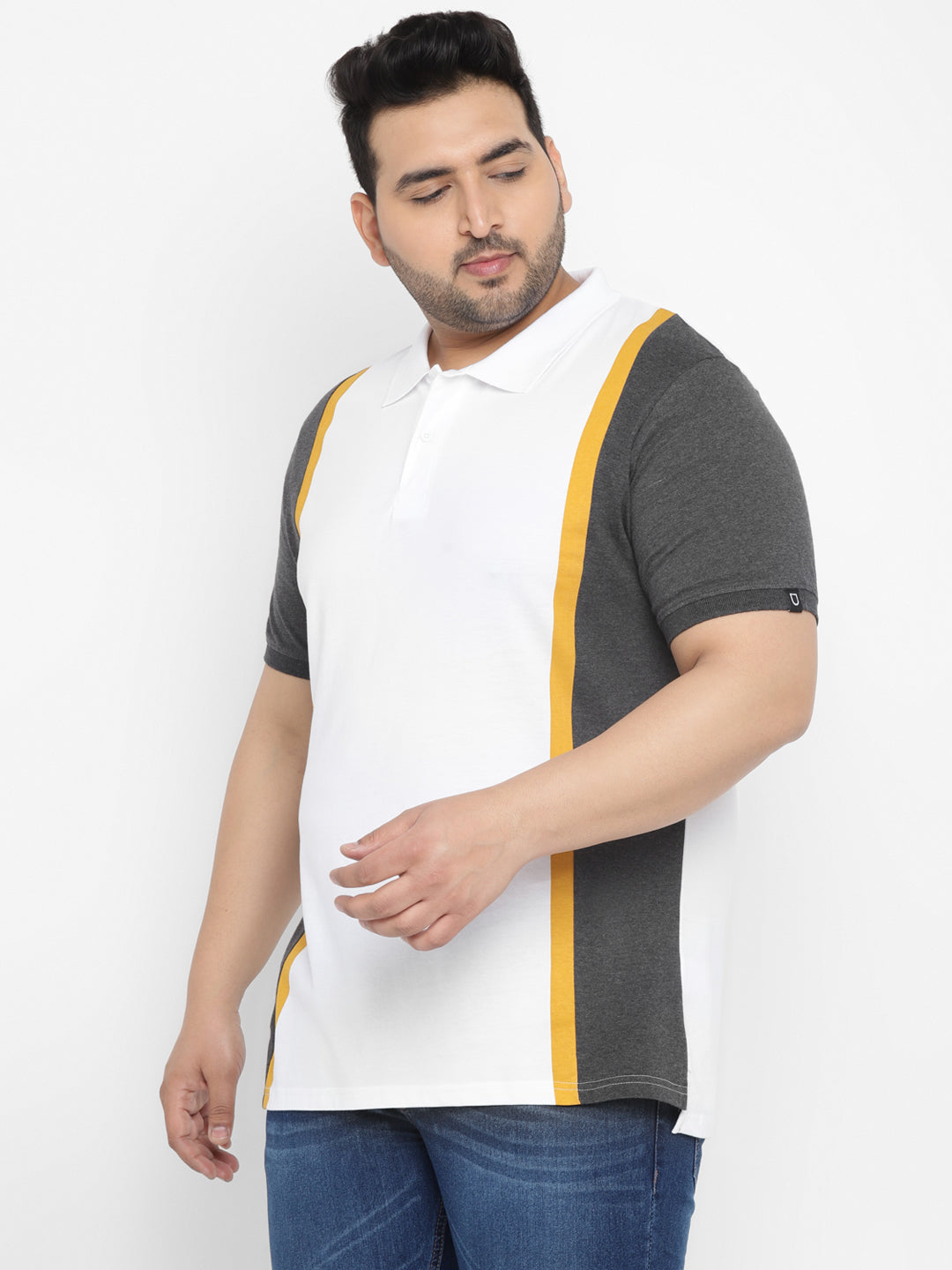 Plus Men's White, Anthra Melange, Gold Colour-Block Regular Fit Half Sleeve Cotton Polo T-Shirt